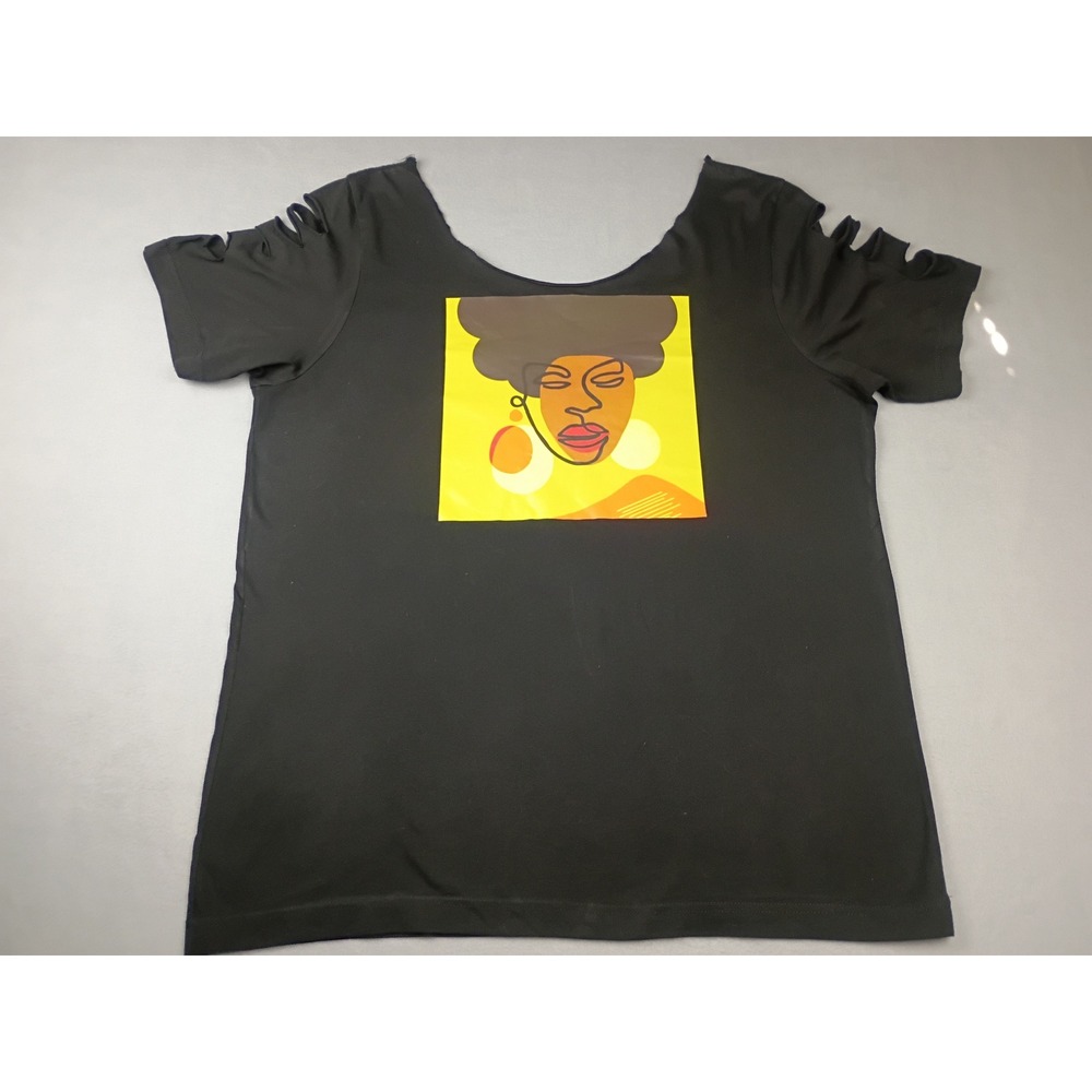 Black Graphic T-Shirt Women Pop Art Afro Portrait Shredded Shoulder Scoop Neck